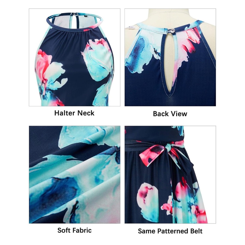 Newshows Womens Floral Halter Neck Mini Dress Blue Pink Stretchy Summer Size S - Picture 3 of 8